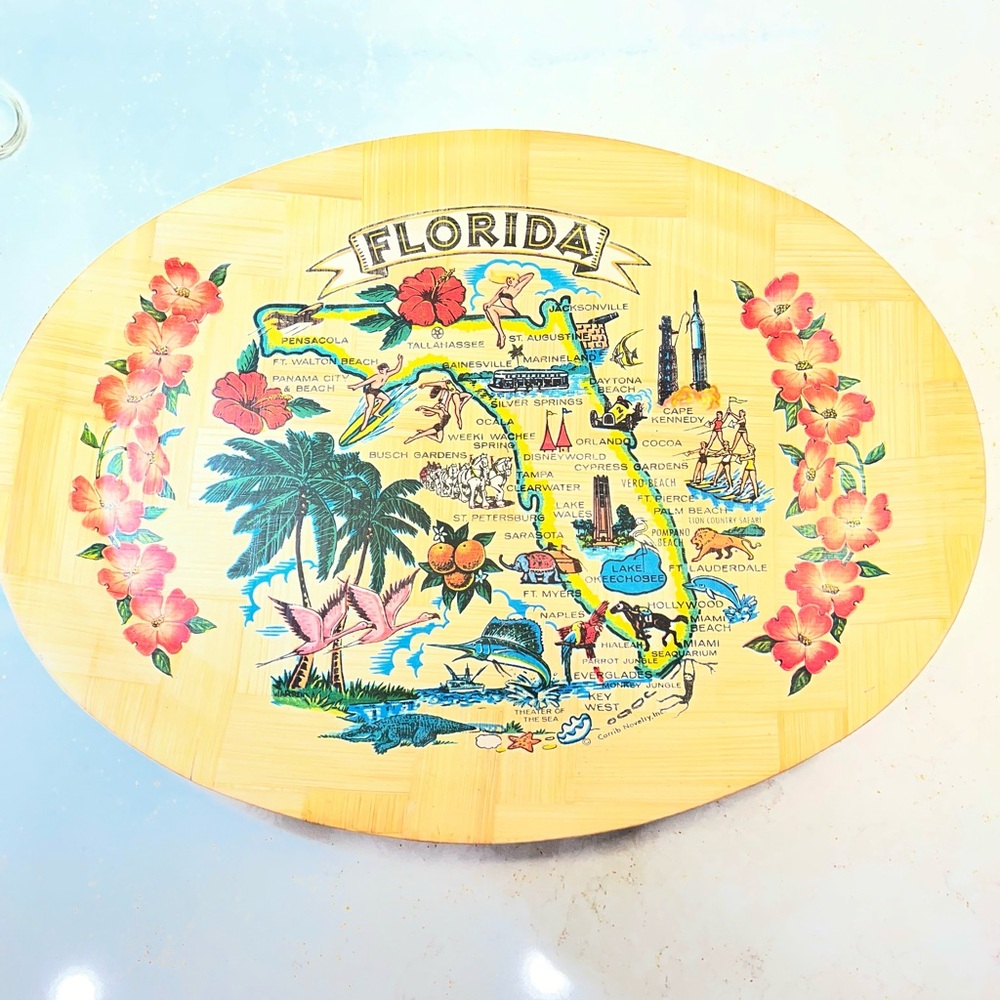 Vintage 70's Florida Souvenir Bamboo Oval Tray Collectible 16”x12” Beach Boho